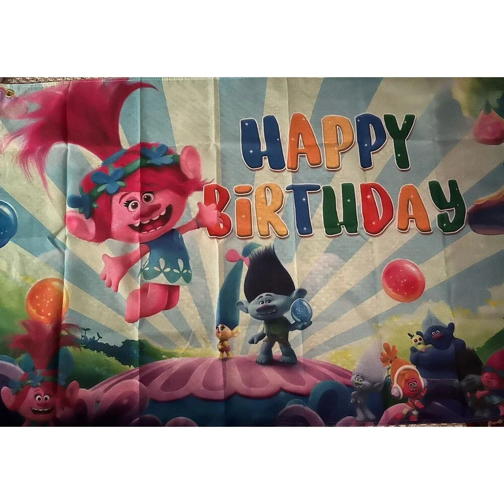Trolls Birthday Backdrop Banner, Wall Decor 3x5FT